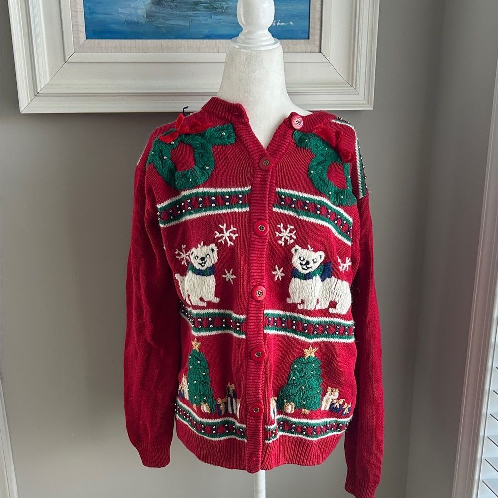 Vintage Red Holiday Christmas Tree Polar Bear Knit Cardigan Sweater Medium